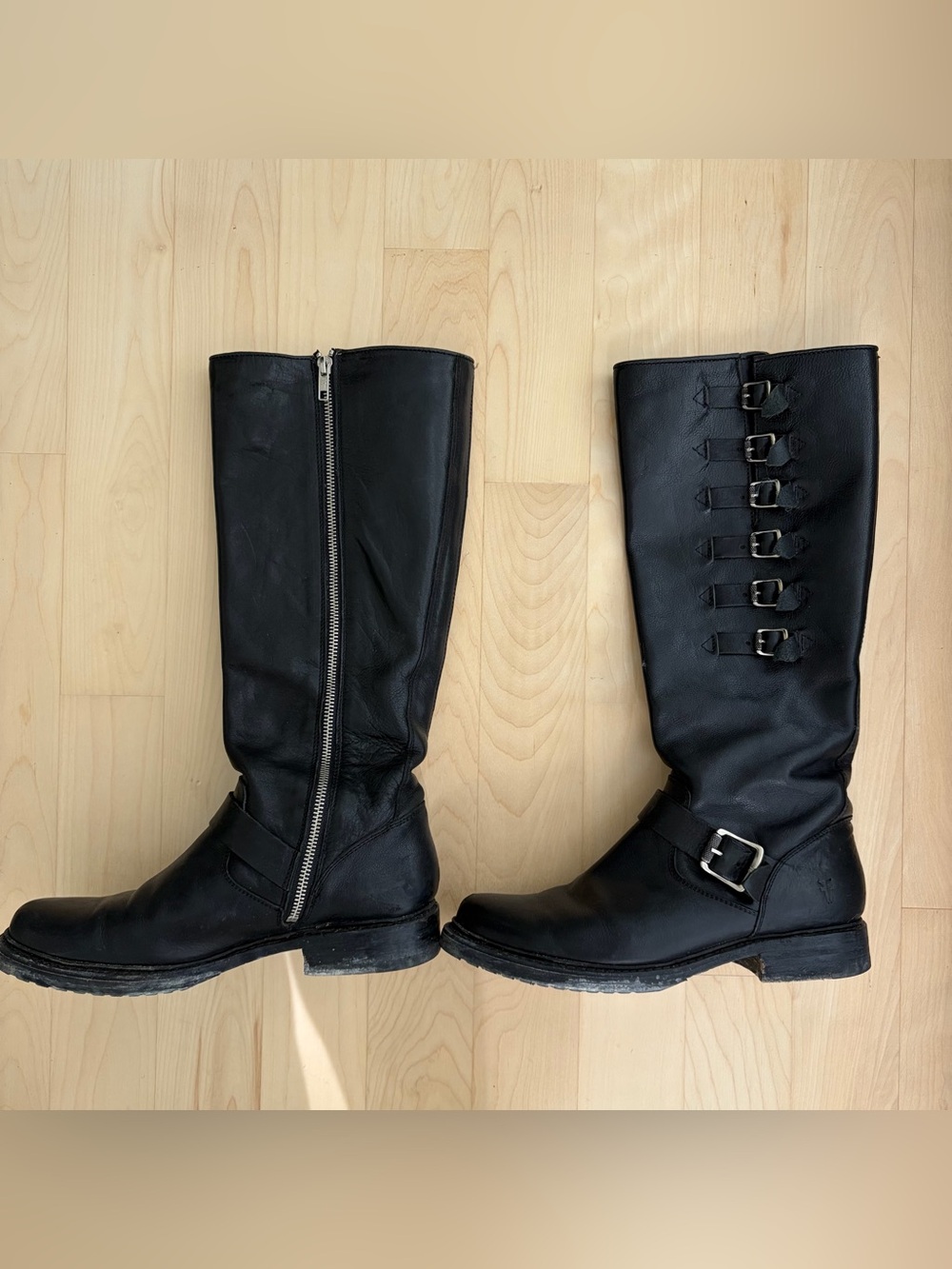 Frye Black Leather Buckle Boots